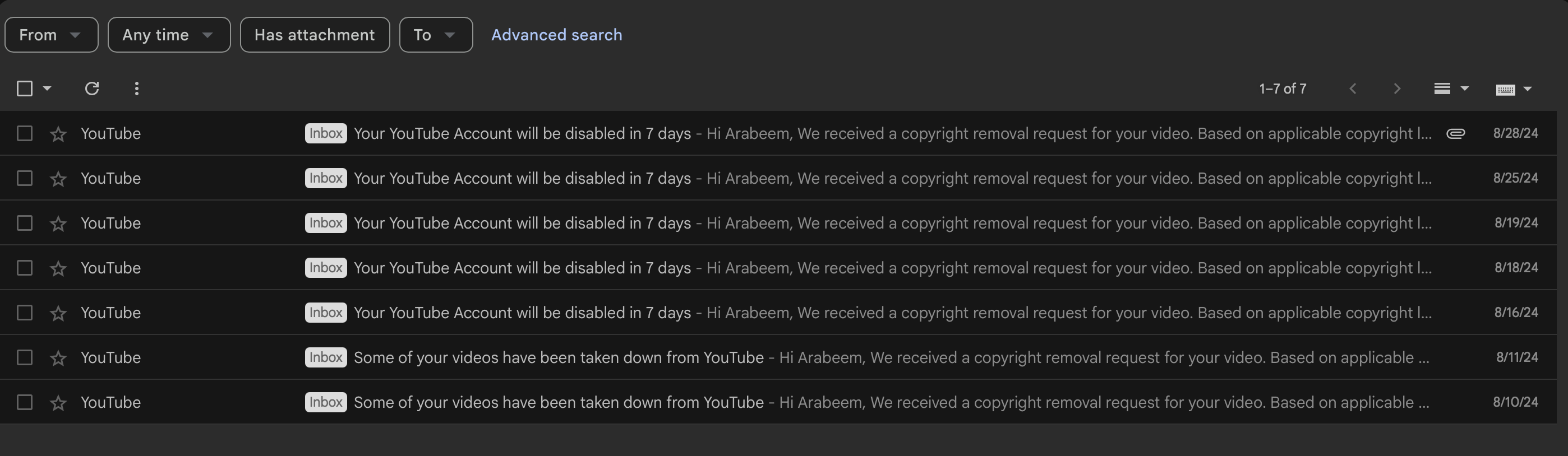 Inbox view showing seven YouTube takedown notification emails received during August 2024 affecting Arabeem TV Network videos.
