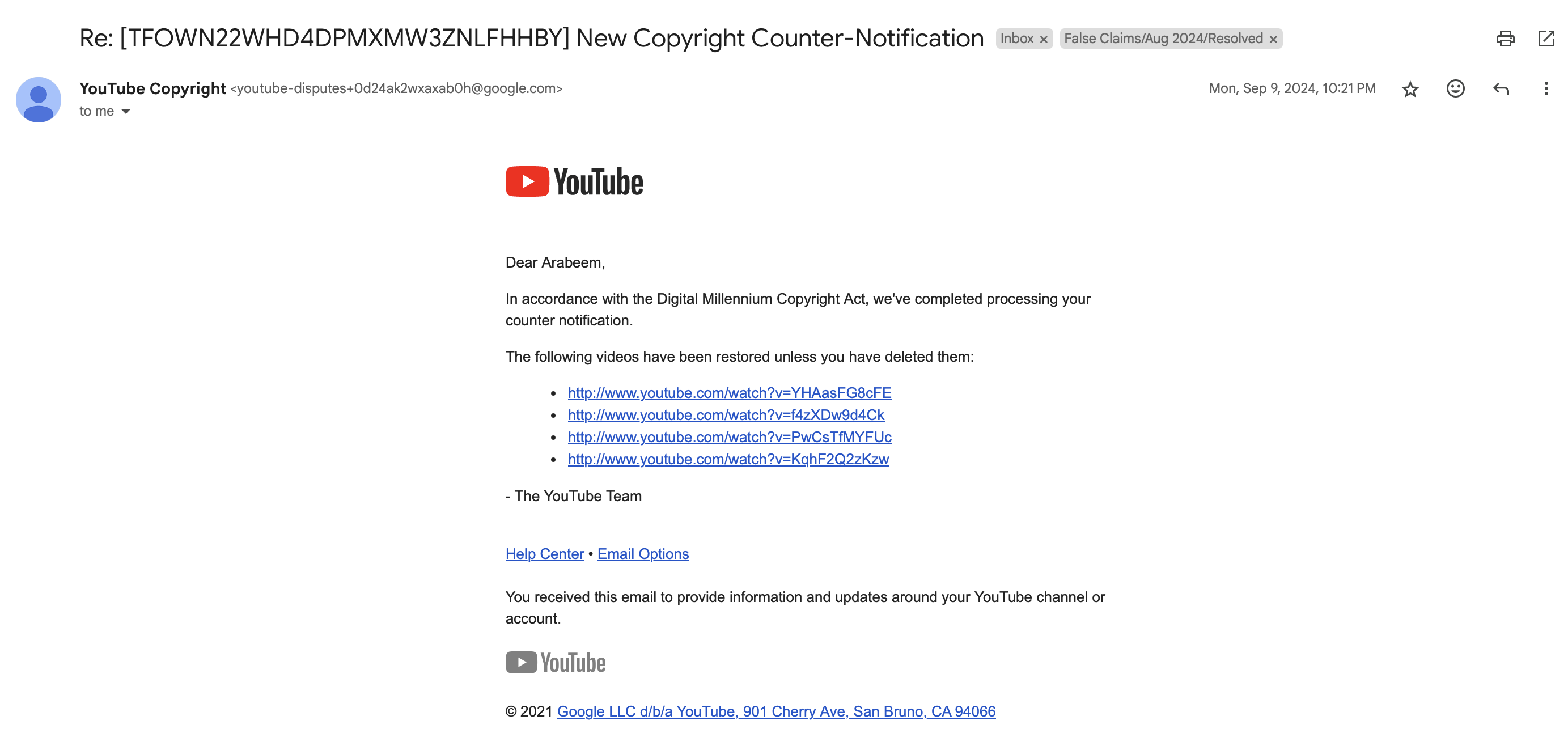 YouTube Copyright team email from September 9, 2024 informing Arabeem that processing of their counter-notification has completed and the videos have been restored.