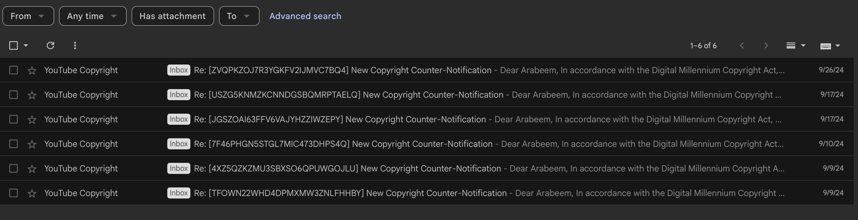 Inbox view showing six YouTube Copyright team responses to Arabeem counter-notifications during September 2024, each confirming successful processing.