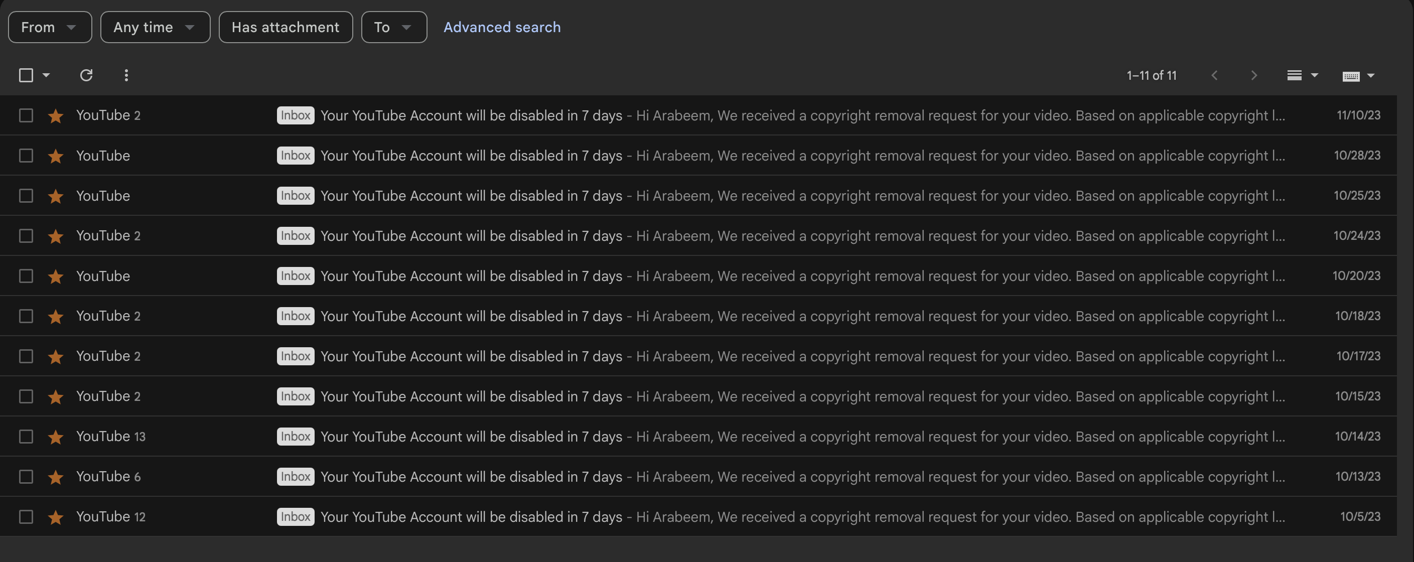 Gmail inbox view showing eleven consecutive YouTube copyright takedown notification emails sent to Arabeem TV Network during October and November 2023.