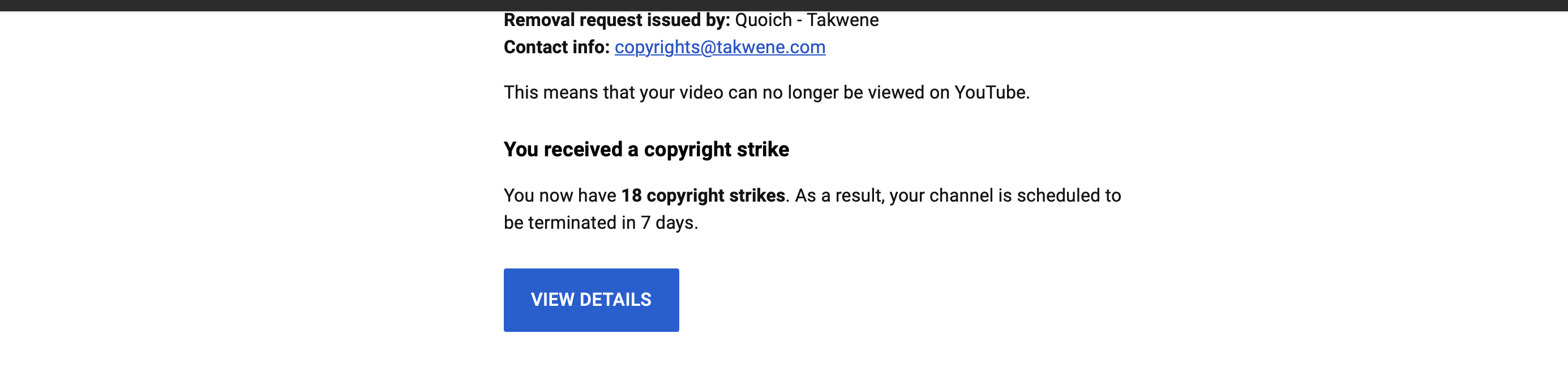 Screenshot of YouTube copyright strike notice showing 18 strikes accumulated against Arabeem TV Network with the message that the channel is scheduled to be terminated in 7 days.
