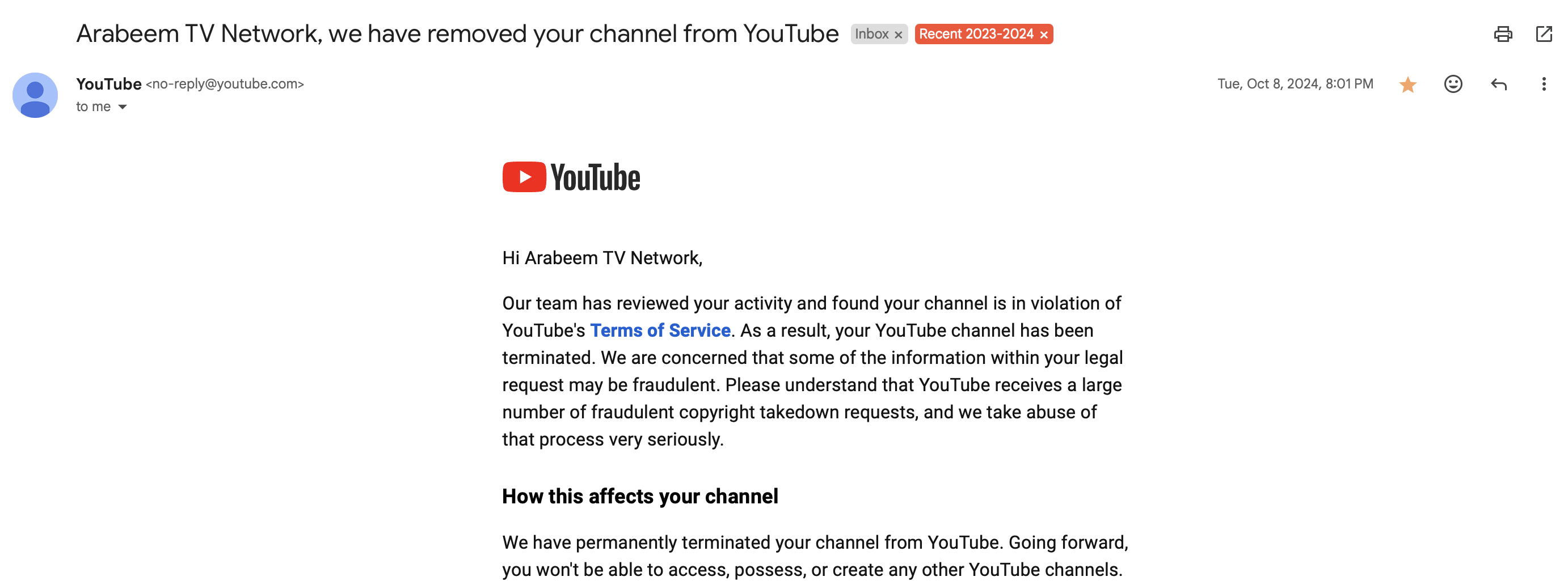 YouTube termination email dated October 8, 2024 stating that Arabeem TV Network's channel has been removed because YouTube was concerned some of the information in their legal request may be fraudulent.