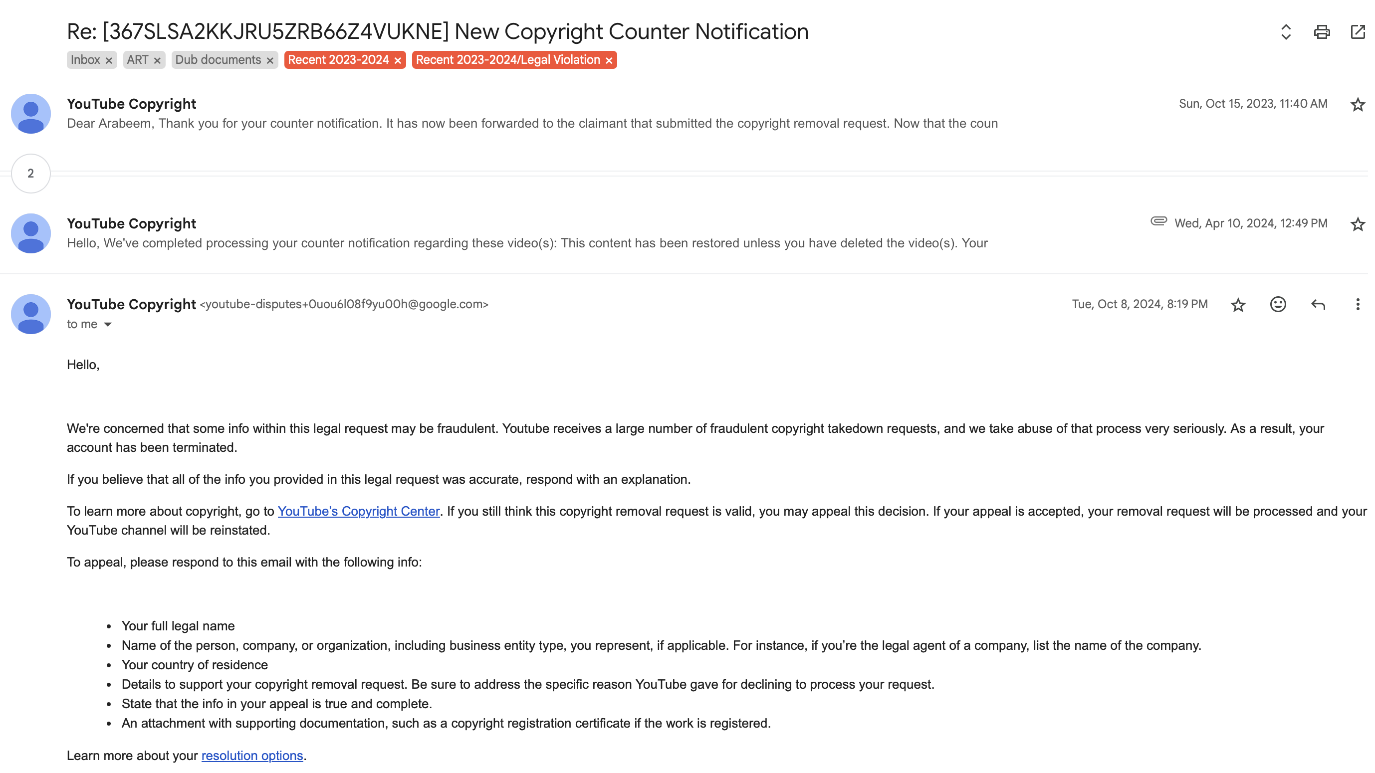 YouTube Copyright team email from October 8, 2024 informing Arabeem the account has been terminated and explaining the appeal process and what evidence to supply.