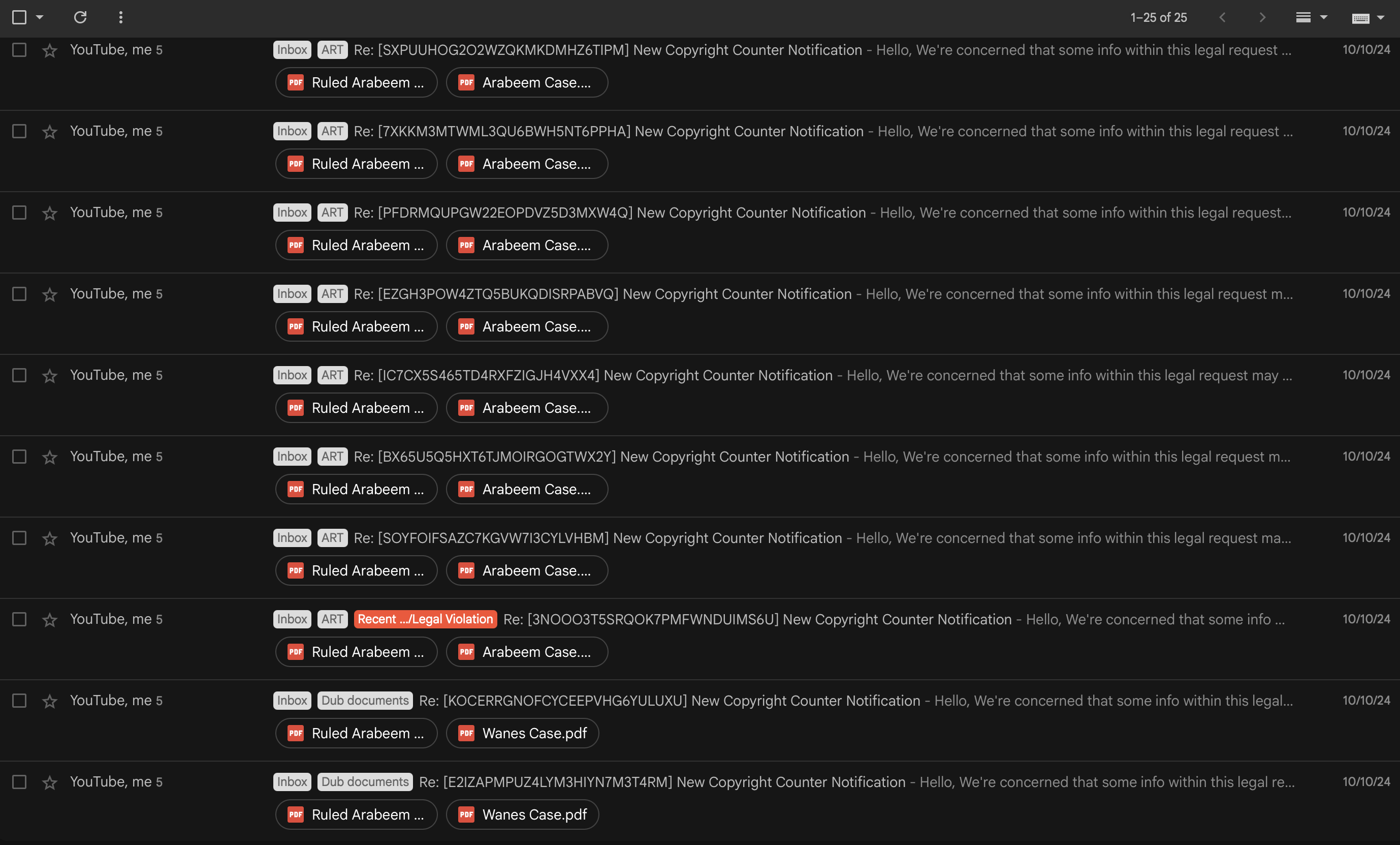 Inbox view showing 25 emails received on October 10, 2024 from YouTube Copyright reversing previous counter-notification decisions and re-removing the affected videos.