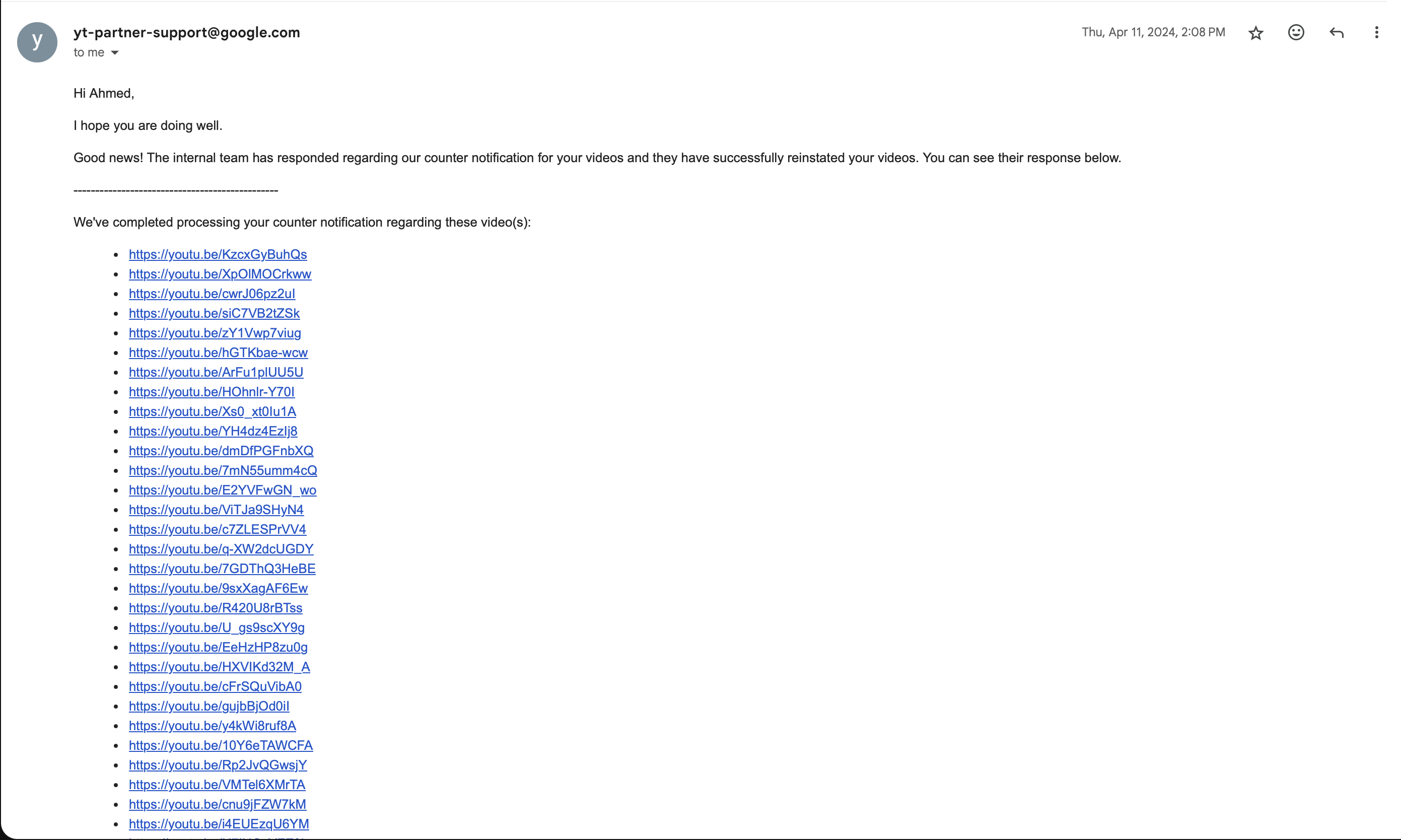 YouTube Partner Support email from April 11, 2024 confirming successful processing of counter-notifications and listing the YouTube video URLs that have been reinstated.