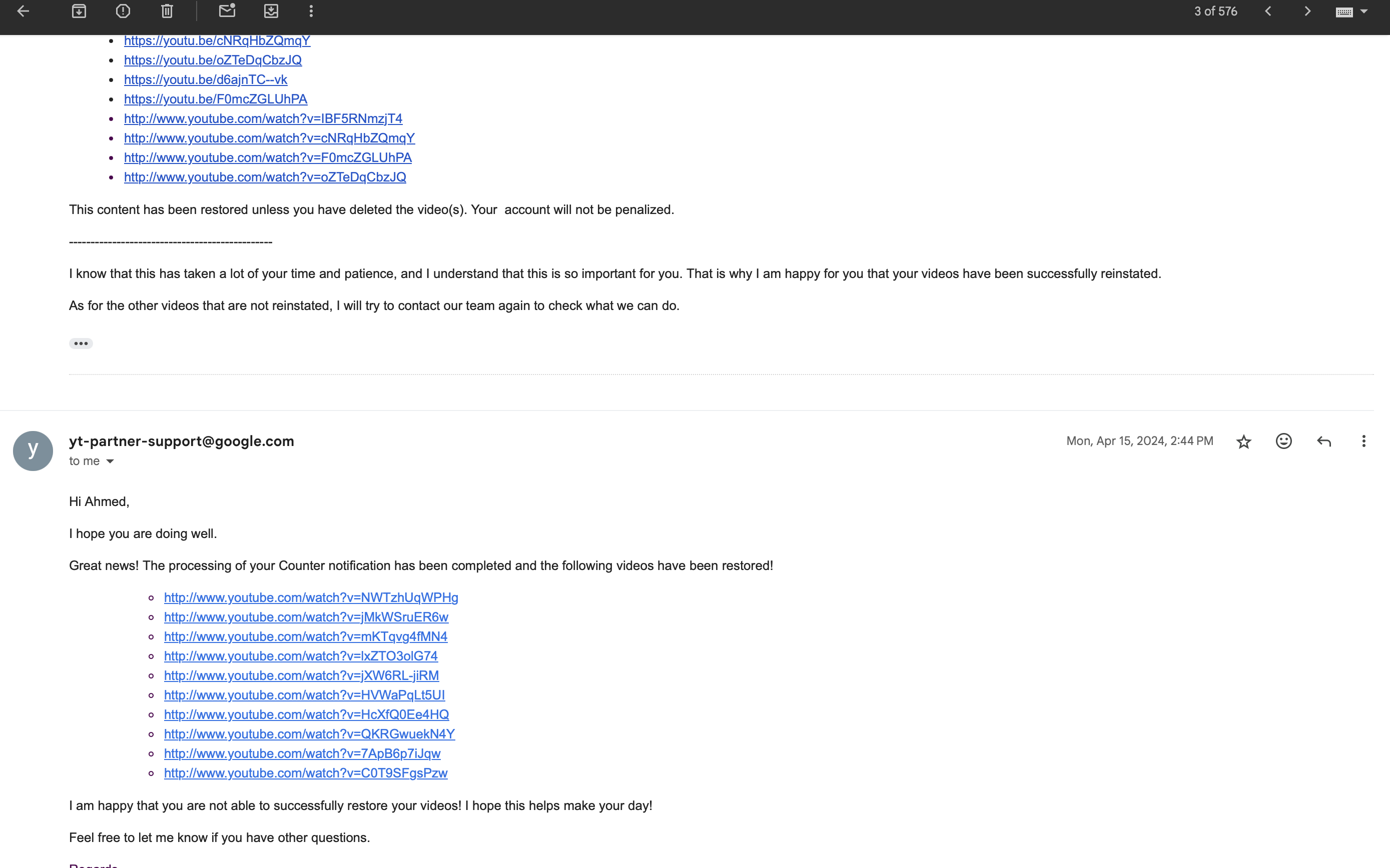 Continuation of the April 2024 restoration email from YouTube Partner Support listing additional reinstated videos.