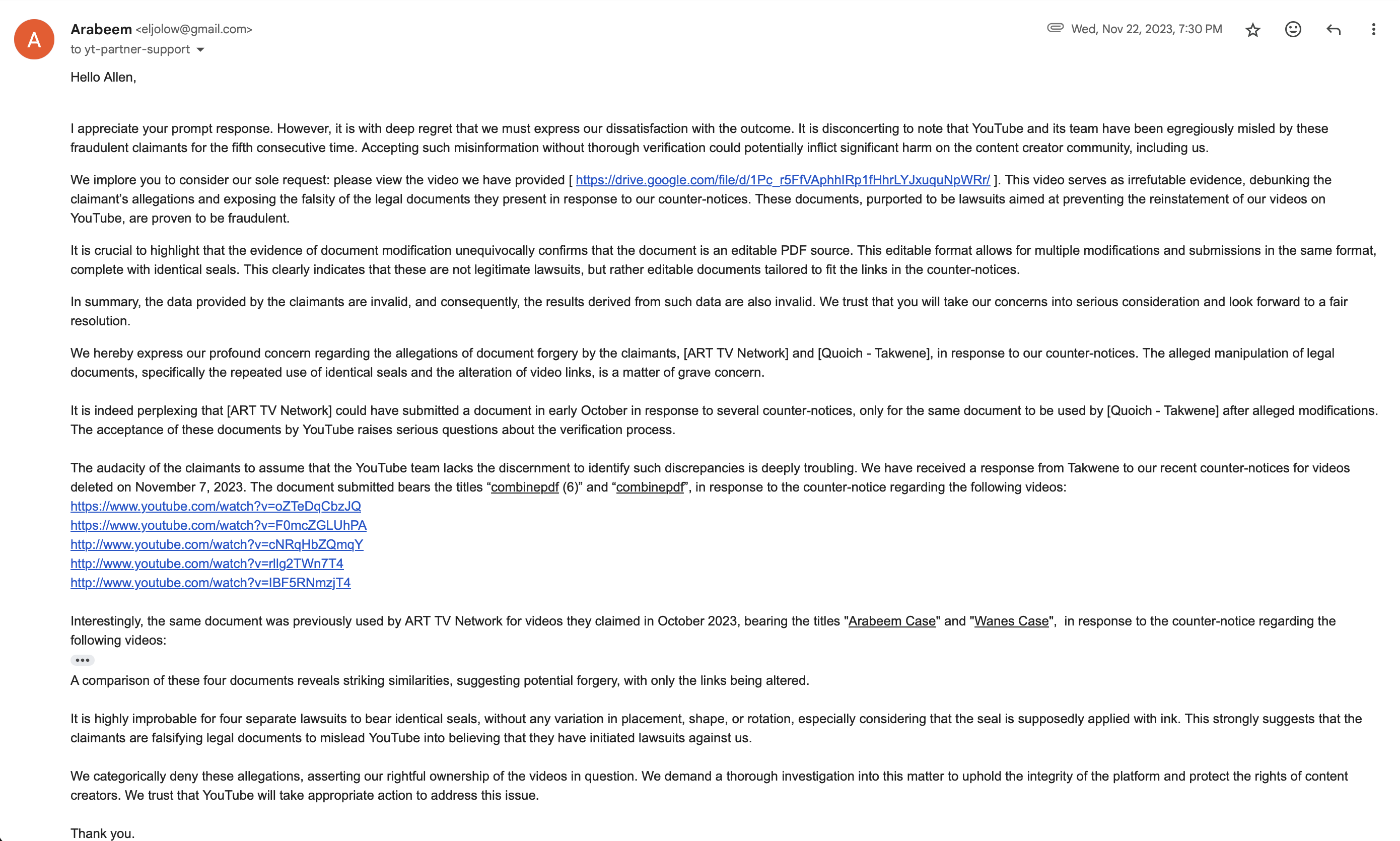 Email from Arabeem TV Network to YouTube Partner Support raising concerns about document inconsistencies and editable PDF source structure across the four submitted documents.