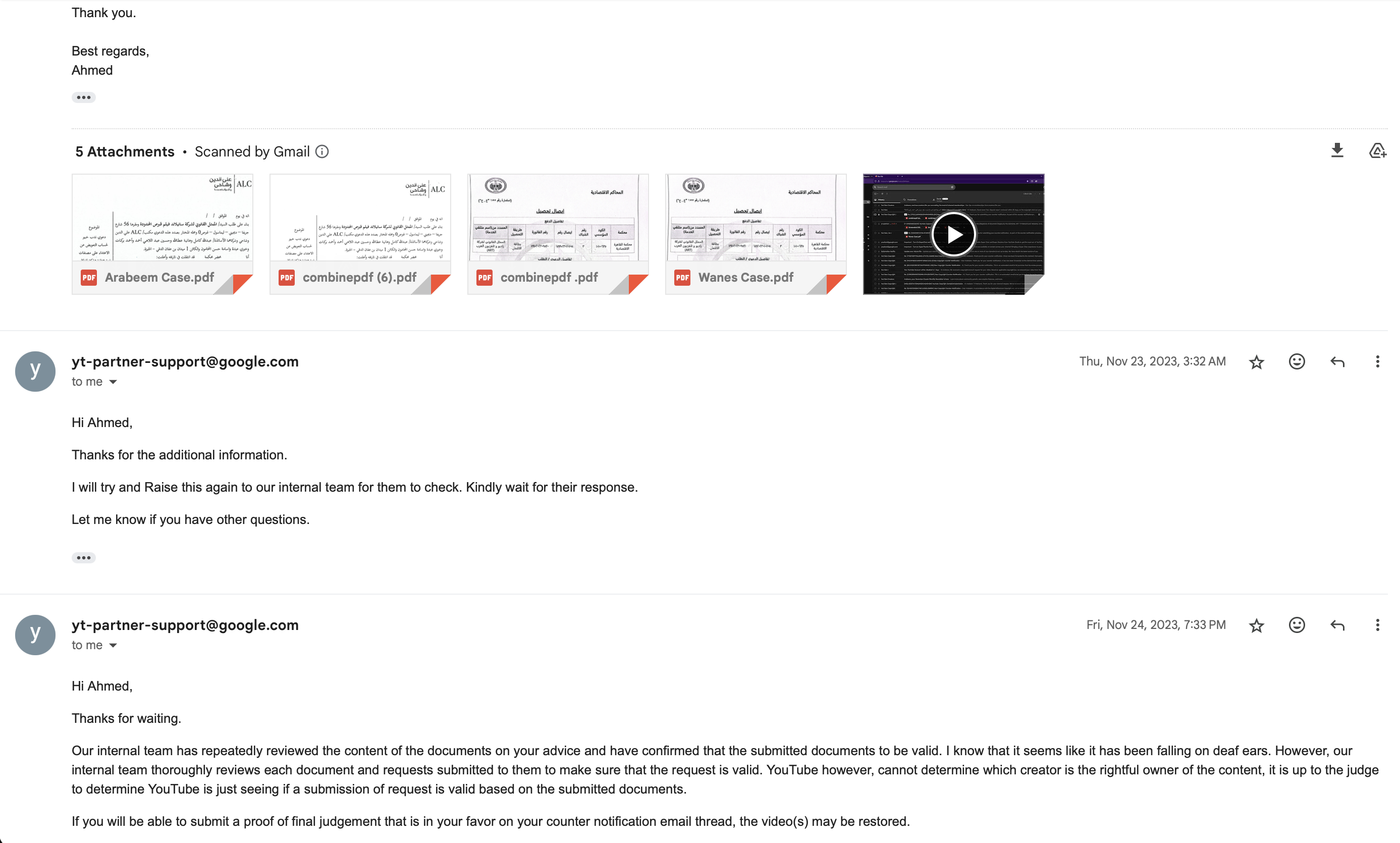 Response from YouTube Partner Support indicating their internal team has reviewed the submitted documents and considers them valid, suggesting Arabeem provide a final judgment in their favor.
