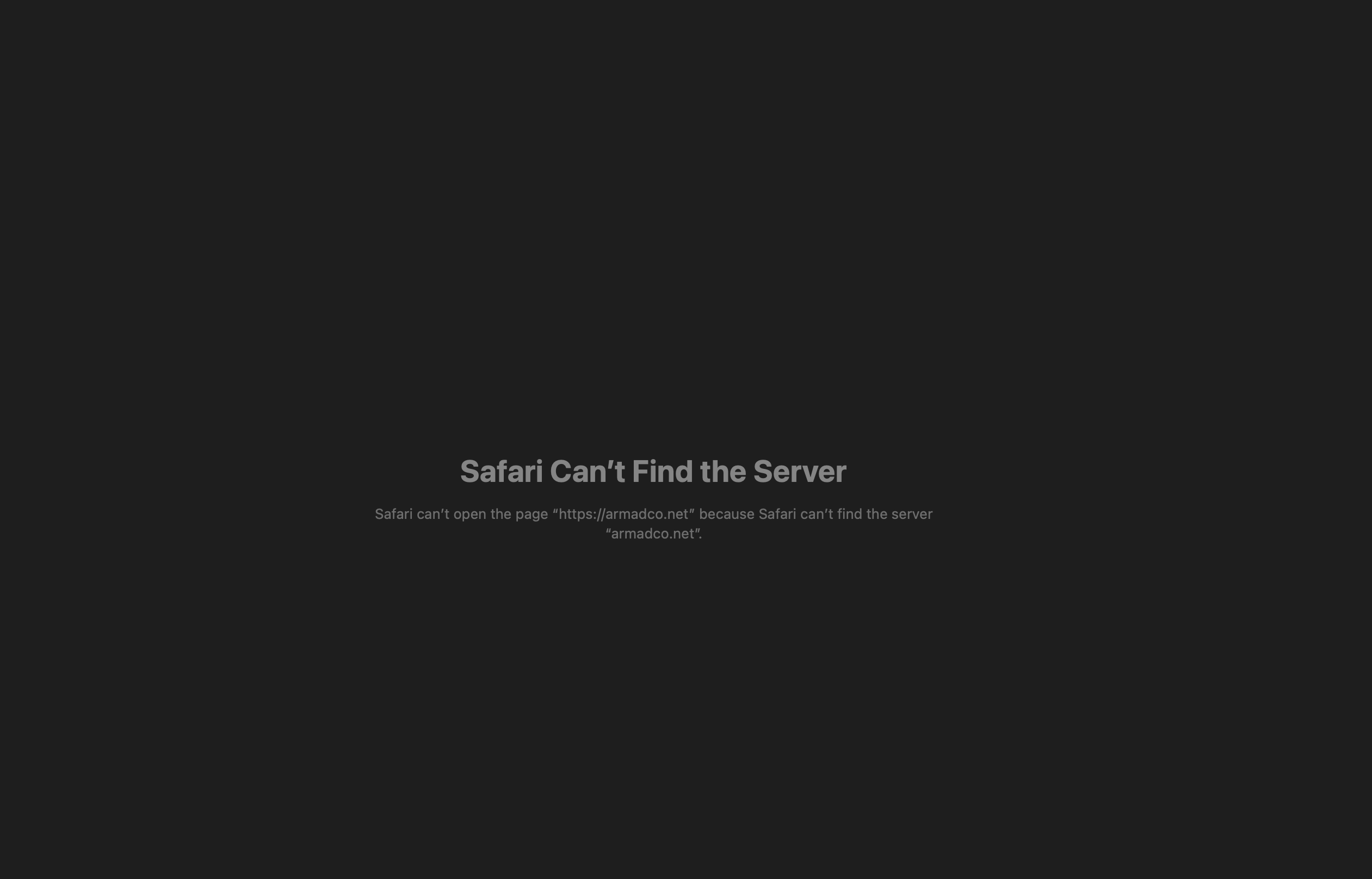 Safari browser error message indicating the domain armadco.net cannot be reached because the server cannot be found.