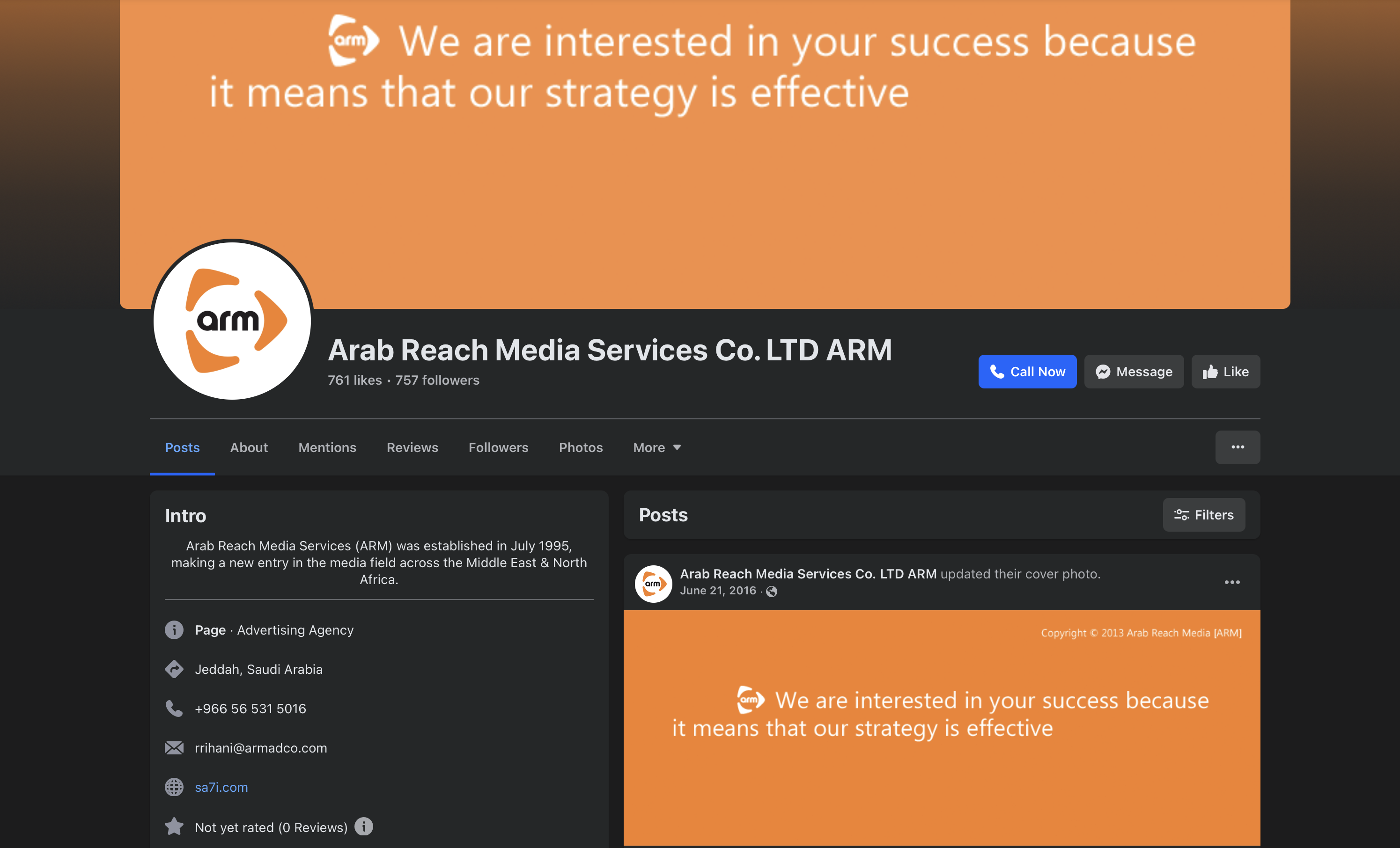 Facebook page snapshot for Arab Reach Media Services Co. LTD ARM, based in Jeddah, with cover text 'We are interested in your success because it means that our strategy is effective'.