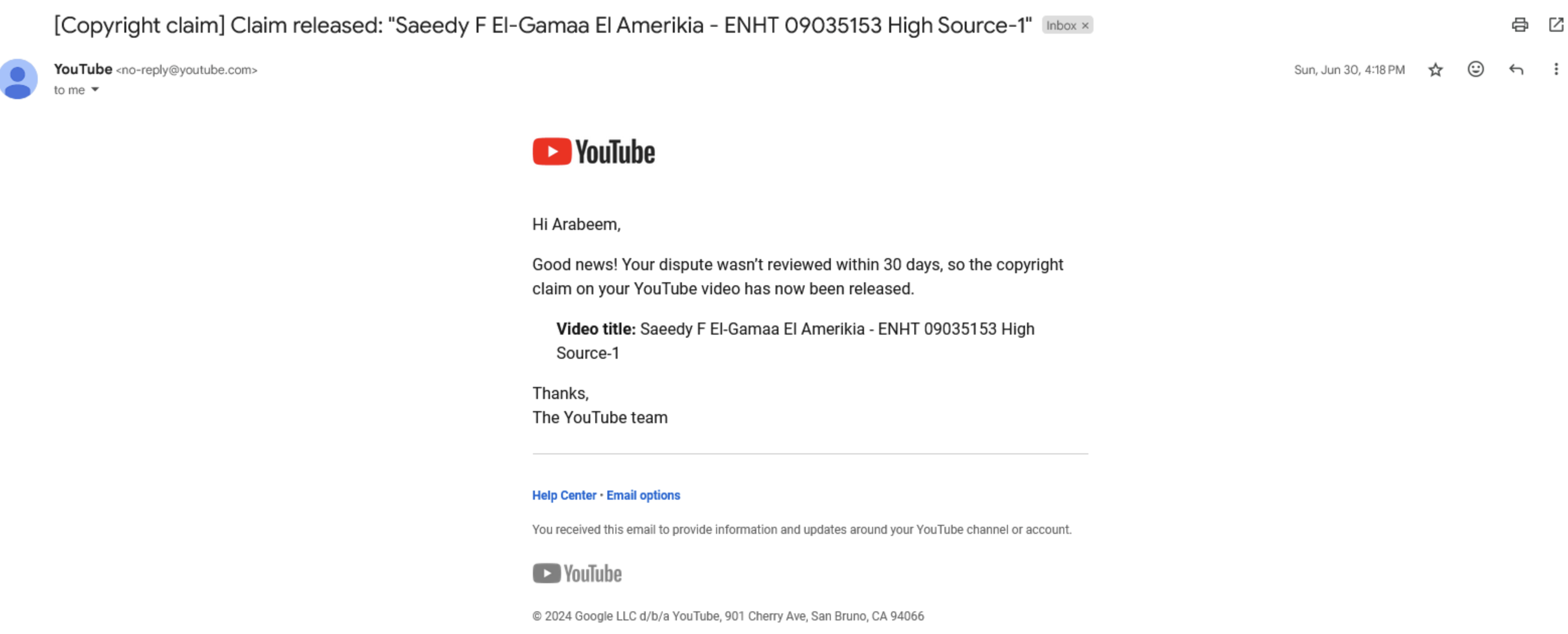 YouTube email notification confirming the claim has been released because the dispute was not reviewed within thirty days.