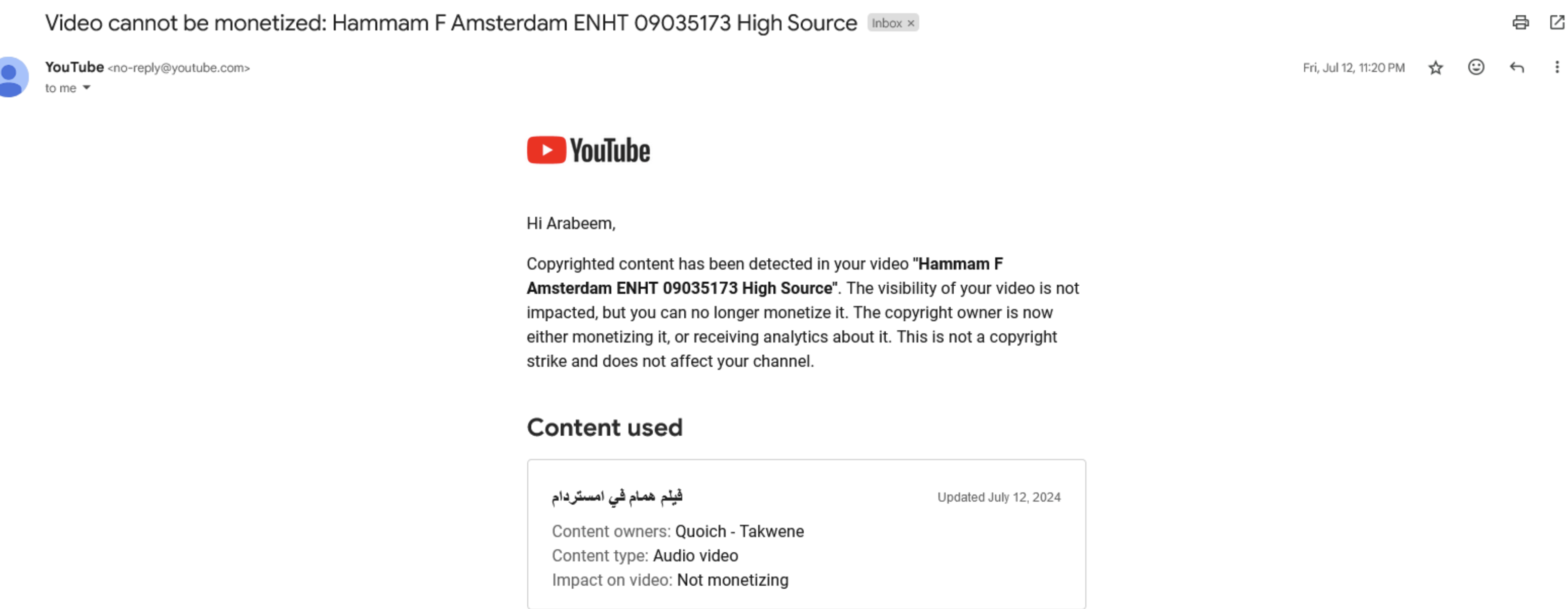YouTube email notification informing Arabeem that copyrighted content has been detected in the same video and is now claimed by Quoich Takwene.