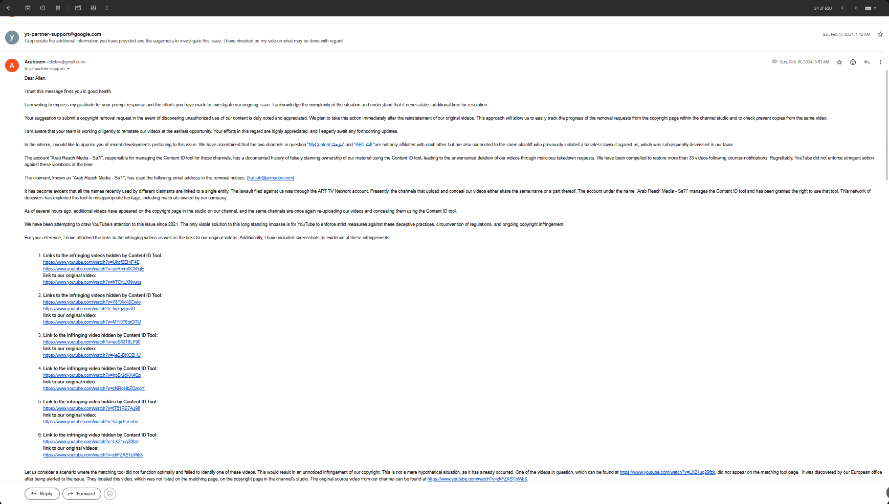 Email from Arabeem TV Network to YouTube Partner Support dated February 18, 2024 under case 6-2234000035581, reporting that affiliated channels were re-uploading and concealing Arabeem's works via the Content ID tool with territory-targeted blocking, and identifying the LX21uq29fzk video that did not surface in the ordinary way and was found via the copyright page in Arabeem's own Studio after staff outside Egypt could see the re-upload.