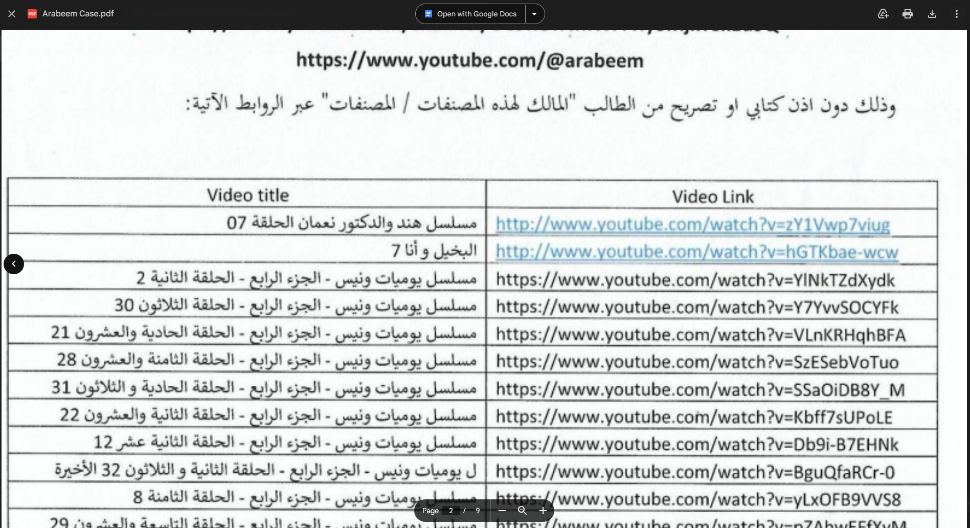 Excerpt from the Arabeem Case document submitted by ART TV Network, showing a table of video titles and links in which the first two entries (zY1Vwp7viug and hGTKbae-wcw) appear as live blue clickable hyperlinks while the remaining links are plain black text.